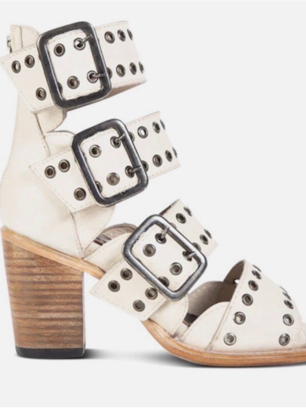 freebird White Triple Buckle Eyelet Block Heel Sandal